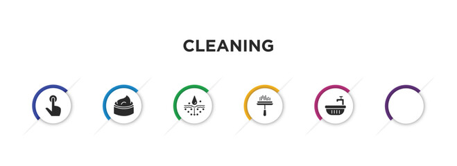 cleaning filled icons with infographic template. glyph icons such as dish soap, tap, cream, emulsion, window cleaner, water soak vector.