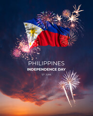 Majestic fireworks and flag of Philippines on National holiday