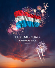 Majestic fireworks and flag of Luxembourg on National holiday - obrazy, fototapety, plakaty