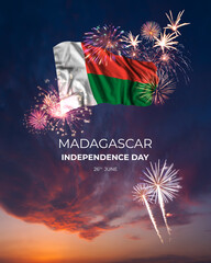 Majestic fireworks and flag of Madagascar on National holiday