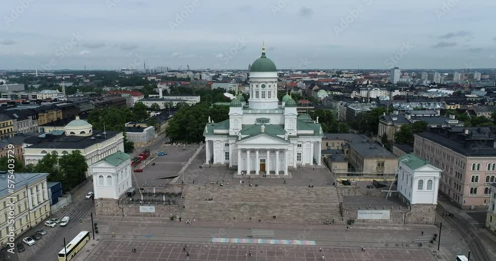 Sticker Helsinki Cathedral Square. One of the most famous Sightseeing Place in Helsinki. Drone Point of View. Finland.