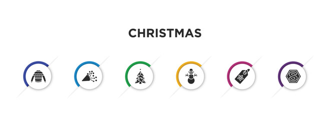 christmas filled icons with infographic template. glyph icons such as winter sweater, birthday and party, christmas, happy snowman, gift tag, letter shadow vector.