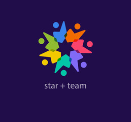 Unique star and connected people logo. Modern color transitions. Star cycle logo template. vector.