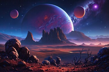 Fototapeta premium Scenes of nature on another world, with a massive planet visible in the distance. Large planets against a purple sky and a starry Martian landscape dotted with meteors and mountains. Generative AI