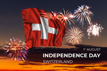 Sky with majestic fireworks and flag of Switzerland