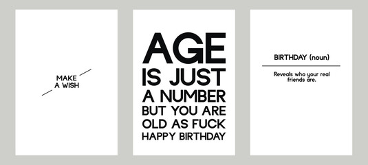 Set of minimalistic Happy Birthday posters. Vector illustrations. Postcards, cards, covers