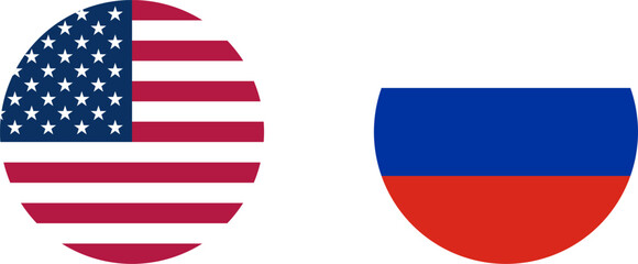 Round Circle Flag Selection Button Badge Icon Set including USA United States of America and Russia Flags. Vector Image.