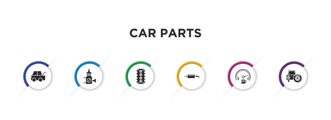 car parts filled icons with infographic template. glyph icons such as car taiate, car choke, cylinder head, silencer, petrol gauge, spare wheel vector.