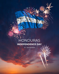 Majestic fireworks and flag of Honduras on National holiday