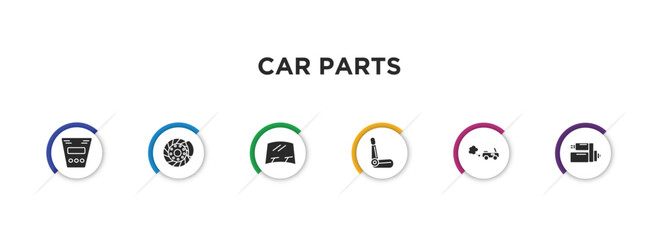 car parts filled icons with infographic template. glyph icons such as car fascia (british), car disc brake, windscreen, bucket seat, tailpipe, starter vector.