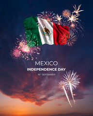 Majestic fireworks and flag of Mexico on National holiday