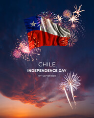 Majestic fireworks and flag of Chile on National holiday