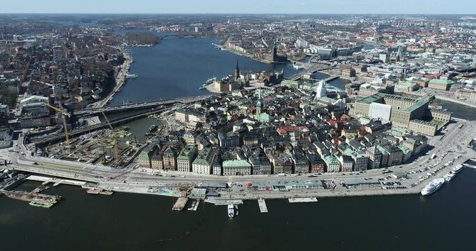 Stockholm Cityscape. Sodermalm Island and Old Town, Downtown. Sweden. The Royal in Background. Drone 4k
