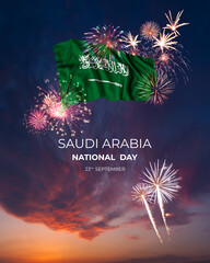 Majestic fireworks and flag of Saudi Arabia on National holiday
