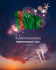 Majestic fireworks and flag of Turkmenistan on National holiday