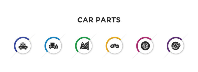 car parts filled icons with infographic template. glyph icons such as car roof, car lock, gasket, dashboard, tyre, brake vector.