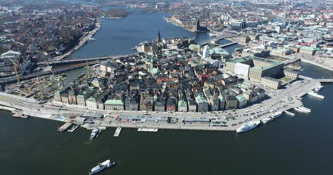 Stockholm Old Town and One of the most Famous City Island in Background. Sweden. Drone Point of View.