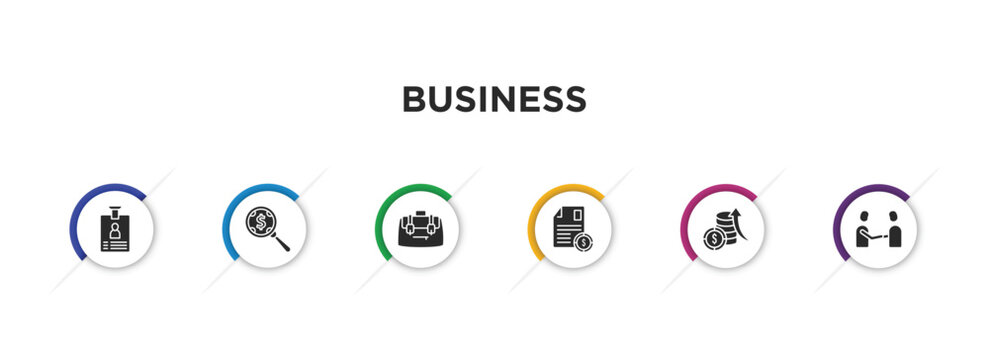 business filled icons with infographic template. glyph icons such as identity card, money searcher, bussines briefcase, stock dealing, money investment, men shaking hands vector.