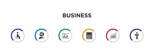 business filled icons with infographic template. glyph icons such as sitting, euro coin on hands, measuring success, calculator maths tool, loss chart, man holding a big coin vector.