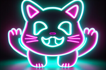 Adorable Glowing Neon Pink and Blue Kawaii Cat Animal on Black Background. Generative AI.