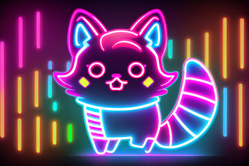 Adorable Glowing Neon Pink and Blue Kawaii Cat Animal on Black Background. Generative AI.
