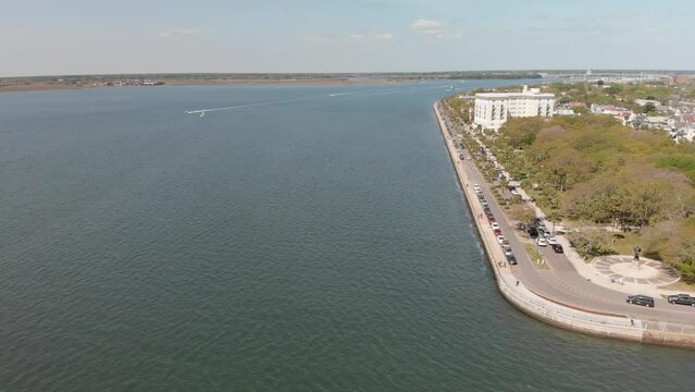 Charleston skyline, panoramic aerial view from city river, South Carolina