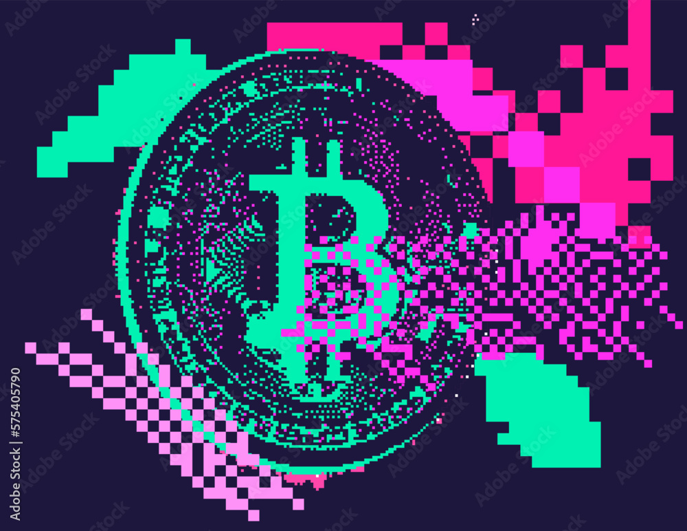 Poster pixel art of a 3d bitcoin currency on a glitched background background.