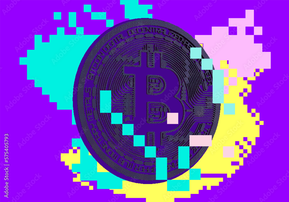 Aufkleber pixel art of a 3d bitcoin currency on a glitched background background.