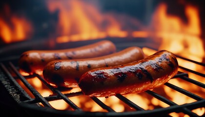 BBQ with fiery sausages on the grill. Grilling food, bbq, barbecue. Generative AI.