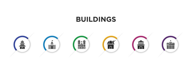 buildings filled icons with infographic template. glyph icons such as buddhist temple, goverment building, notre dame, space, pagoda, brandenburg gate vector.