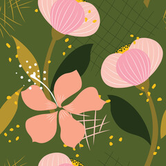Tropical leaves and exotic flowers form a colorful botanical seamless pattern with green background for modern textile. 