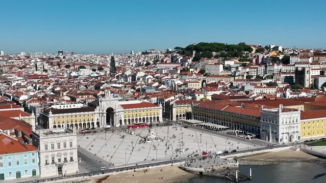 Commerce Square in Lisbon, Portugal. Palace Yard, Royal Palace of Ribeira. Drone Point of View. 4k