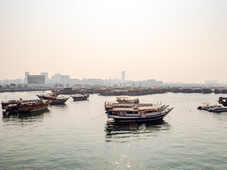 Fototapeta premium Beautiful view of the bay and boats in the city of Doha the capital of the country Qatar