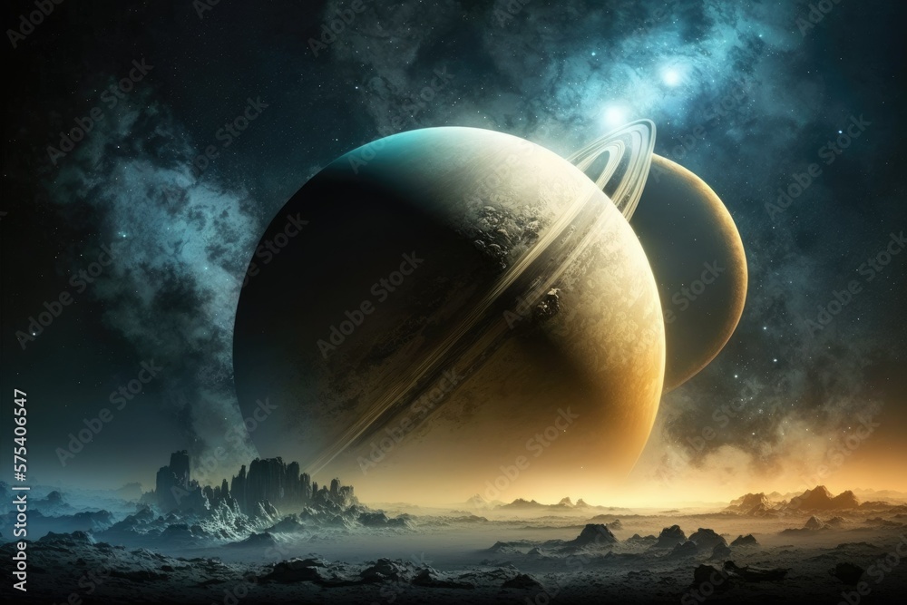 Canvas Prints saturn's ringed planet far from the solar system, surrounded by interstellar dust and srars. moon ti