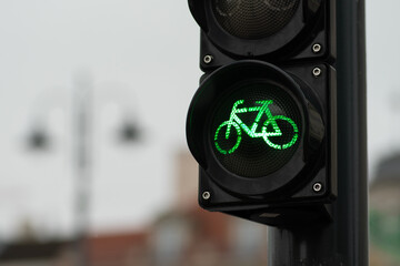 Sustainable transport. Bicycle traffic signal, green light, road bike, free bike zone or area, bike...