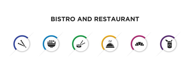 bistro and restaurant filled icons with infographic template. glyph icons such as chopsticks, bowl of olives, sushi piece, tray and cover, bakery croissant, open tin with spoon vector.