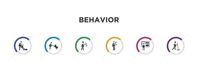 behavior filled icons with infographic template. glyph icons such as man digging, man and dog, man with tool, stick dancing, window cleaning, sweeping vector.