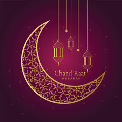 Vector illustration of crescent moon and lamp on Chand Raat Mubarak (Happy Eid moon to you) background
