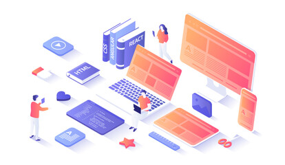 Front-end Development, Creating a site layout, template. Converting data into a graphical UI UX interface. Web development, design, graphic, usability. Isometry illustration with people scene for web