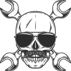 Skull witn mustache in sunglasses and construction builder plumbing wrench or body shop repair car and truck mechanic service tool crossed spanner vintage illustration