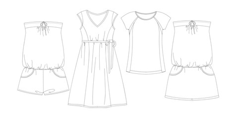 Woman dresses, shirts and tunics technical drawing, template, sketch, flat, mock up. Jersey or woven fabric dress front view, white color