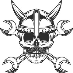 Viking skull witn mustache in horned helmet and construction builder plumbing wrench or body shop repair car and truck mechanic service tool crossed spanner vintage illustration