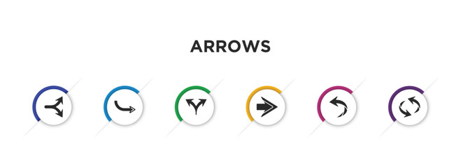 arrows filled icons with infographic template. glyph icons such as horizontal split, right direction, split arrows, right arrow, left curve arrow, undo arrow vector.