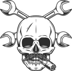 Skull witn mustache smoking cigar or cigarette and construction plumbing wrench or repair car and truck mechanic service tool crossed spanner vintage illustration