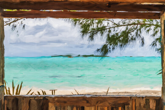 Generative AI: oil texture paint of Coco Plum beach through the window of a wooden little house (Great Exuma,  Bahamas).