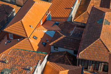 Aerial view of the old orange rooftops in historical center of Porto, Portugal