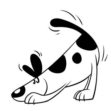 Perro blanco y negro sonriendo y olfateando muy contento activo y simp&aacute;tico moviendo la cola con feliz. Vista de perfil y estilo cartoon.