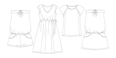 Woman dresses, shirts and tunics technical drawing, template, sketch, flat, mock up. Jersey or woven fabric dress front view, white color