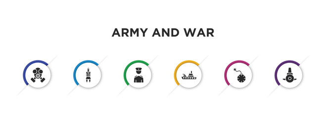 army and war filled icons with infographic template. glyph icons such as gas mask, , lieutenant, army boat, time bomb with clock, submarine front view vector.