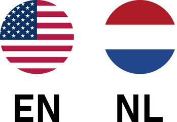 Round Flag Selection Button Badge Icon Set with USA United States of America and Netherlands Flags with Language Codes EN and NL for English and Dutch. Vector Image.